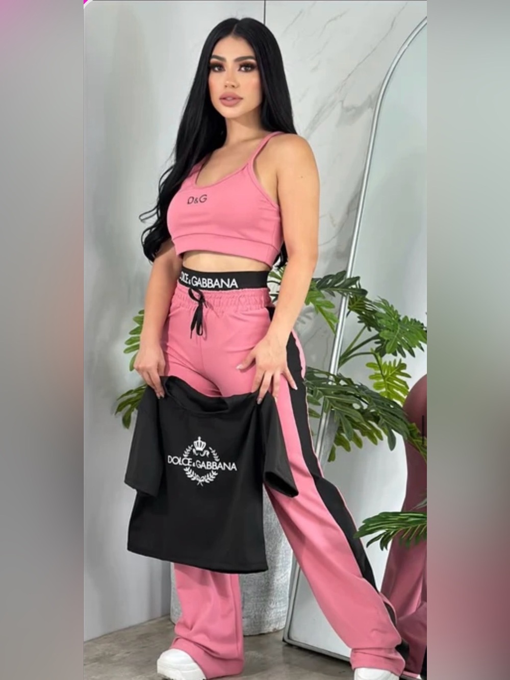 Pink & Black 3 piece set Track Jogger Pants & Cropped Tee and Top size S